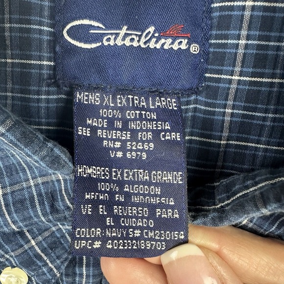 Catalina Shirt Men XL Short Sleeve‎ Navy Blue Button Down Plaid Retro Preppy - Picture 3 of 11
